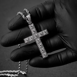 Mens White Gold Plated Iced Hip Hop Fashion Cz Pointer Cross Pendant Necklace